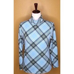 The Talbots Tee Large Turtleneck Plaid Green Blue Long Sleeve EUC Large Cotton